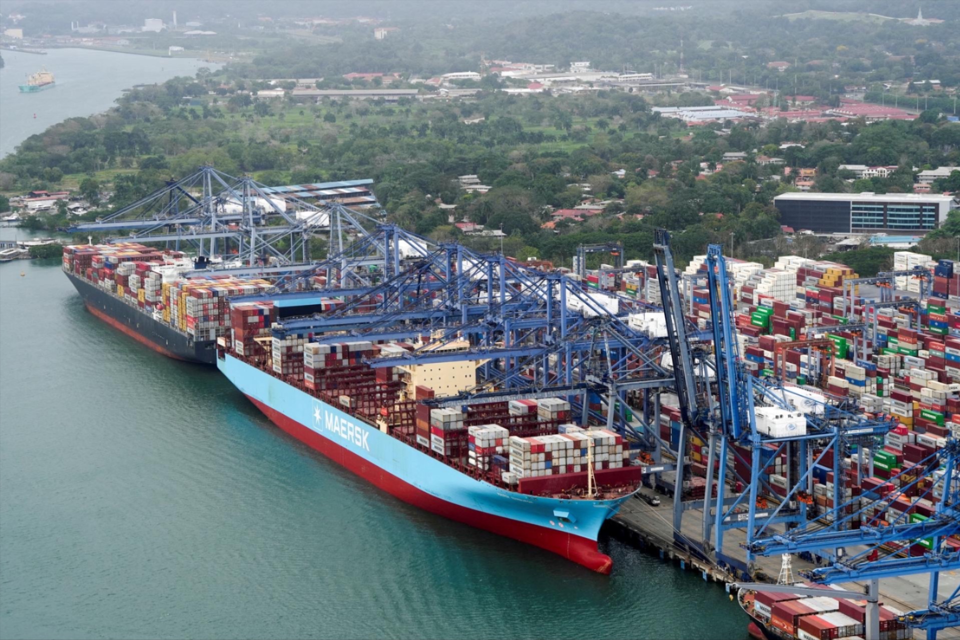An aerial view shows cargo vessels docked at Balboa Port, operated by Panama Ports Company, at the Panama Canal, in Panama City, Panama, February 1, 2025.