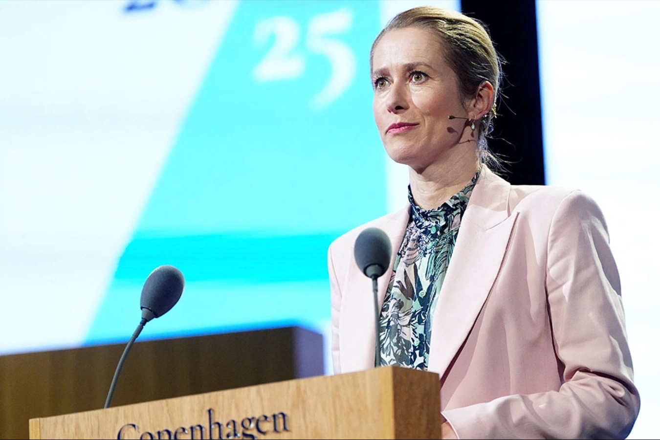 High Representative of the European Union for Foreign Affairs and Security Policy Kaja Kallas looks on as she speaks at the Copenhagen Democracy Summit
