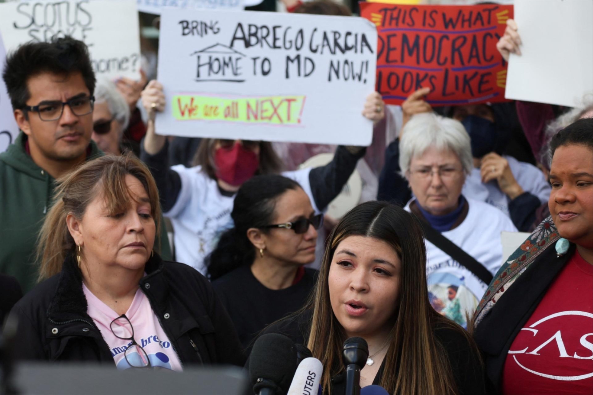 ennifer Vasquez Sura, wife of Kilmar Abrego Garcia, speaks during a press conference on the day of a hearing in the case related to Kilmar Abrego Garcia, the Salvadoran man who was deported without due process by the U.S. President Donald Trump administration to a prison in El Salvador, outside U.S. District Court in Greenbelt, Maryland, U.S., April 15, 2025.
