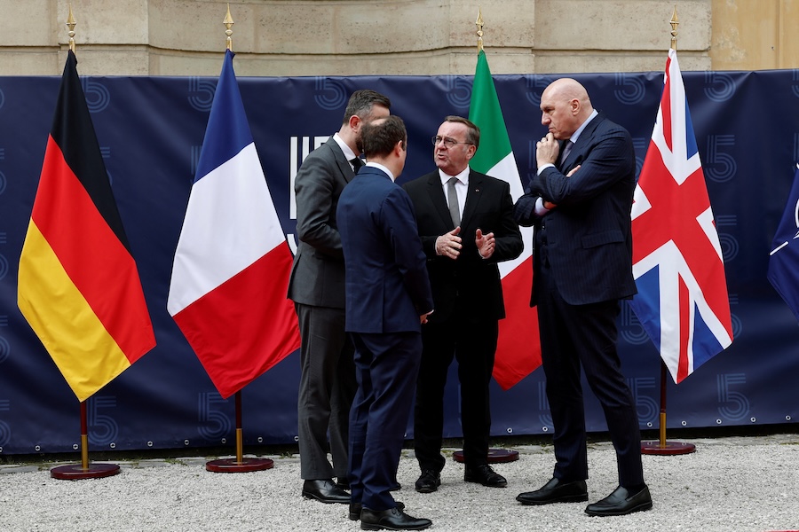 Defense ministers from France, Germany, Italy, Poland and Britain, and representatives from the EU and NATO meet as part of the Paris Defense Security Forum, France, March 12, 2025. (Benoit Tessier/Reuters)