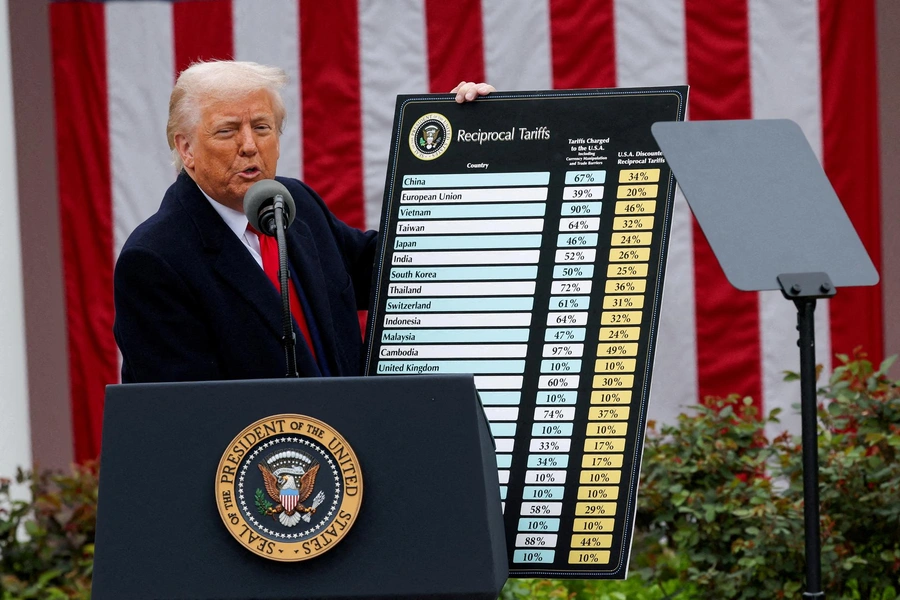 President Donald Trump delivers remarks on the reciprocal tariff policy in the Rose Garden on April 2, 2025.