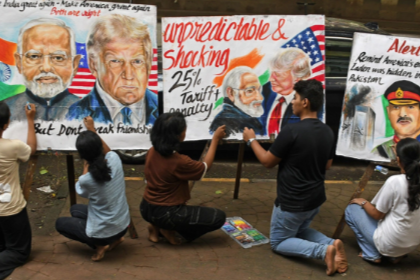 Students at the Gurukul School of Art protest the U.S.-India relationship in light of new U.S.-imposed tariffs, in Mumbai, India. Ashish Vaishnav/SOPA Images/LightRocket/Getty Images