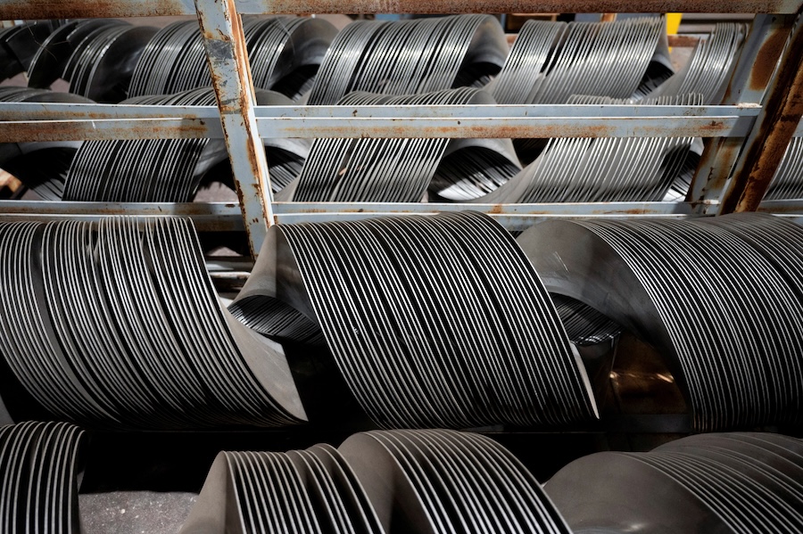A view shows steel auger components at HCC, a company that uses parts to make combines, at the factory in Mendota, Illinois, U.S., February 21, 2025. (Vincent Alban/Reuters)