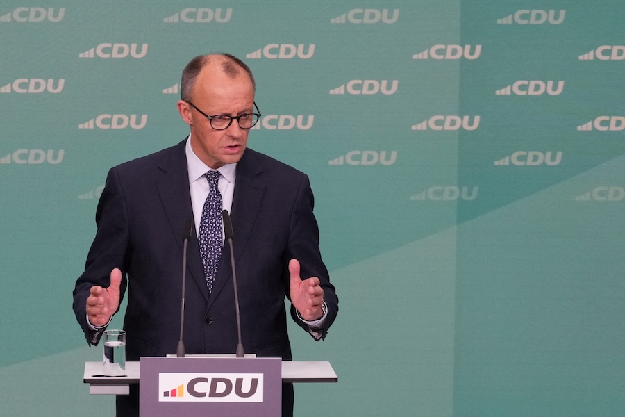 German conservative candidate for chancellor and Christian Democratic Union (CDU) party leader Friedrich Merz attends a press conference following the general election in Berlin, Germany, February 24, 2025. (Fabrizio Bensch/Reuters)