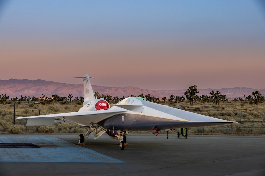 The experimental quiet supersonic aircraft X-59, a collaboration of Lockheed Martin's Skunk Works and NASA, is seen parked on tarmac in Palmdale, California, U.S. December 12, 2023. (Lockheed Martin/Garry Tice/Reuters)