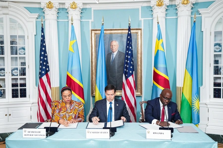 Secretary Marco Rubio hosts a Declaration of Principles signing ceremony between Democratic Republic of Congo Foreign Minister Thérèse Kayikwamba Wagner and Rwandan Foreign Minister Olivier Nduhungirehe in Washington, D.C. on April 25, 2025.