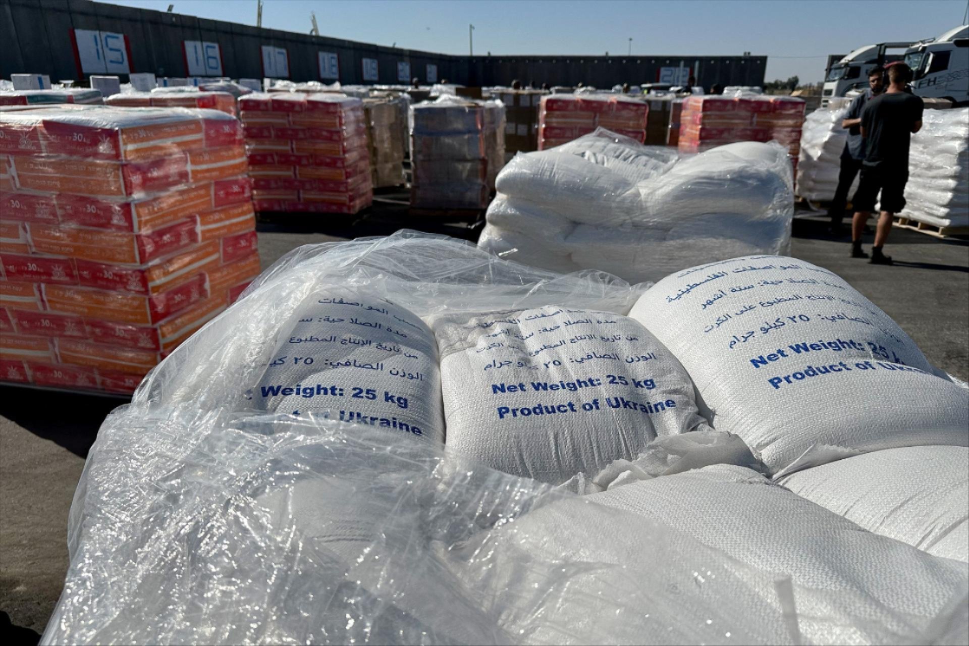 Supplies wait to be loaded on trucks to go into the Gaza Strip, at the Kerem Shalom crossing between Israel and Gaza, on its Israeli side, May 29, 2025.