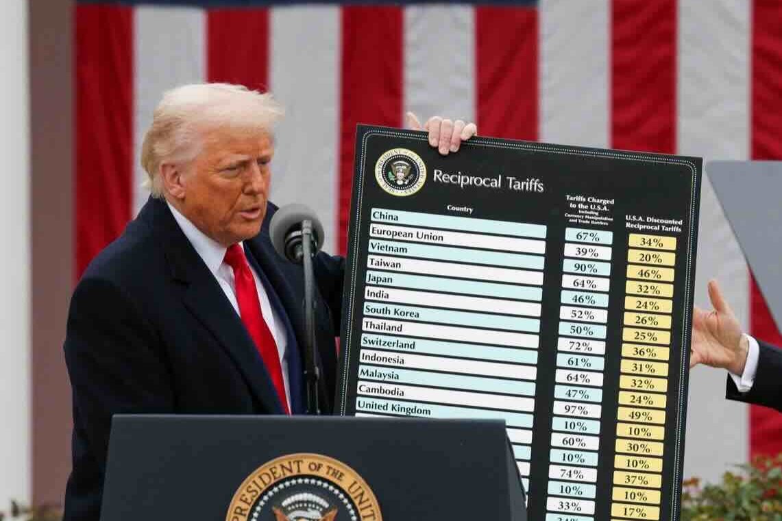 U.S. President Donald Trump holds a chart next to U.S. Secretary of Commerce Howard Lutnick as Trump delivers remarks on tariffs in the Rose Garden at the White House in Washington, D.C., U.S., April 2, 2025.