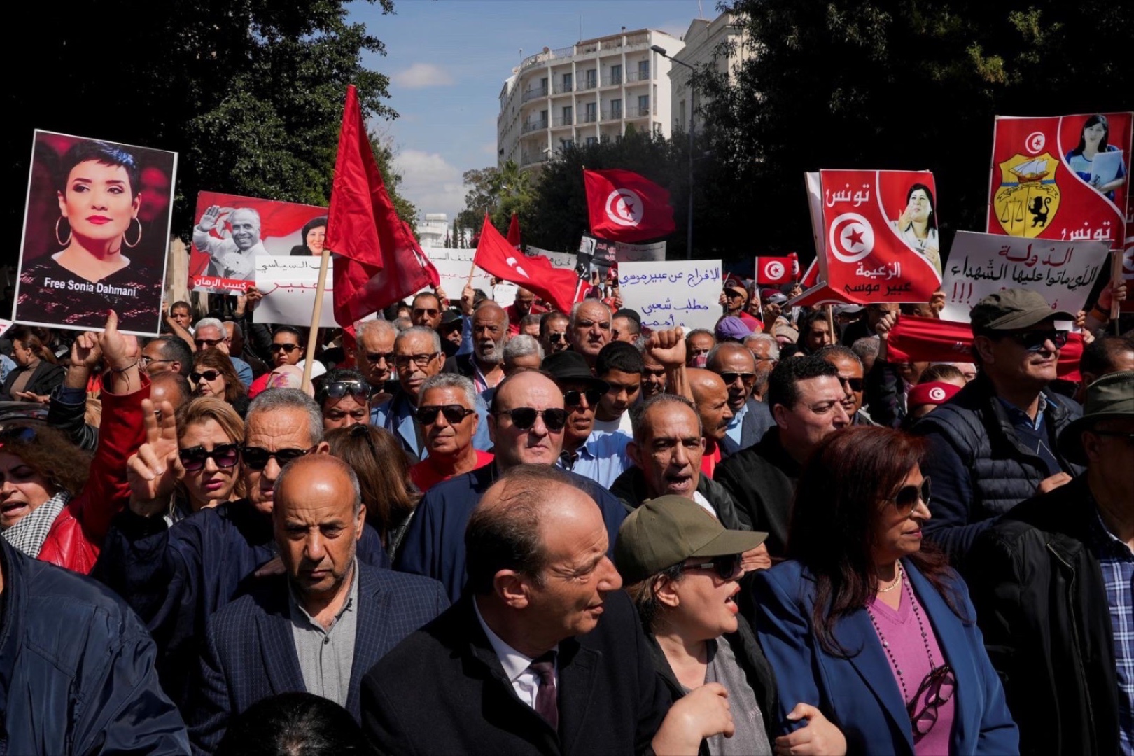 Supporters of Free Constitutional Party, whose leader Abir Moussi has been detained for two years, gather during a protest against Tunisian president Kais Saied in Tunis, Tunisia, April 9, 2025.
