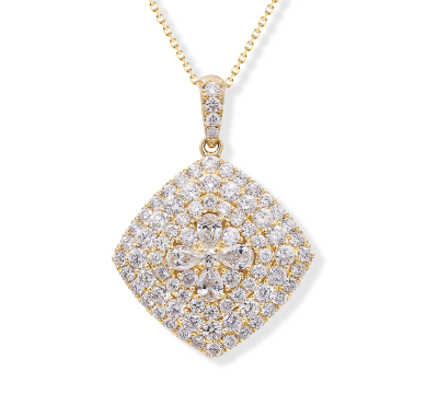 Pear-Shaped & Round-Cut Diamond Tilted Cushion Necklace 3-1/8 ct tw 14K Yellow Gold 18
