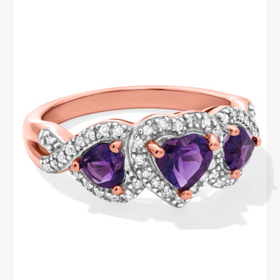 Heart-Shaped Amethyst & Diamond Three-Stone Ring 1/5 ct tw 10K Rose Gold