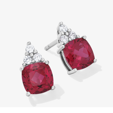 Cushion-Cut Lab-Created Ruby & Round-Cut White Lab-Created Sapphire Stud Earrings Sterling Silver