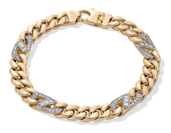 Men's Diamond Station Cuban Curb Chain Bracelet 1 ct tw 10K Yellow Gold 8.5