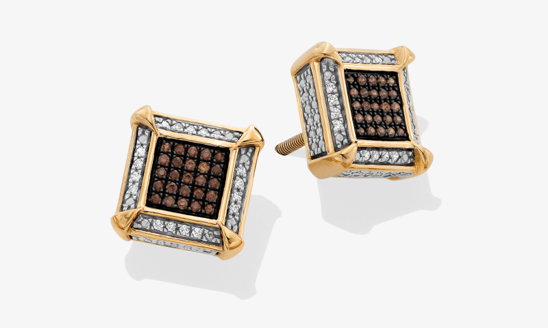 Men's Brown & White Multi-Diamond Square Stud Earrings 1/4 ct tw 10K Yellow Gold