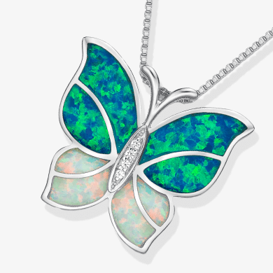 Butterfly Necklace Lab-Created Opals Sterling Silver