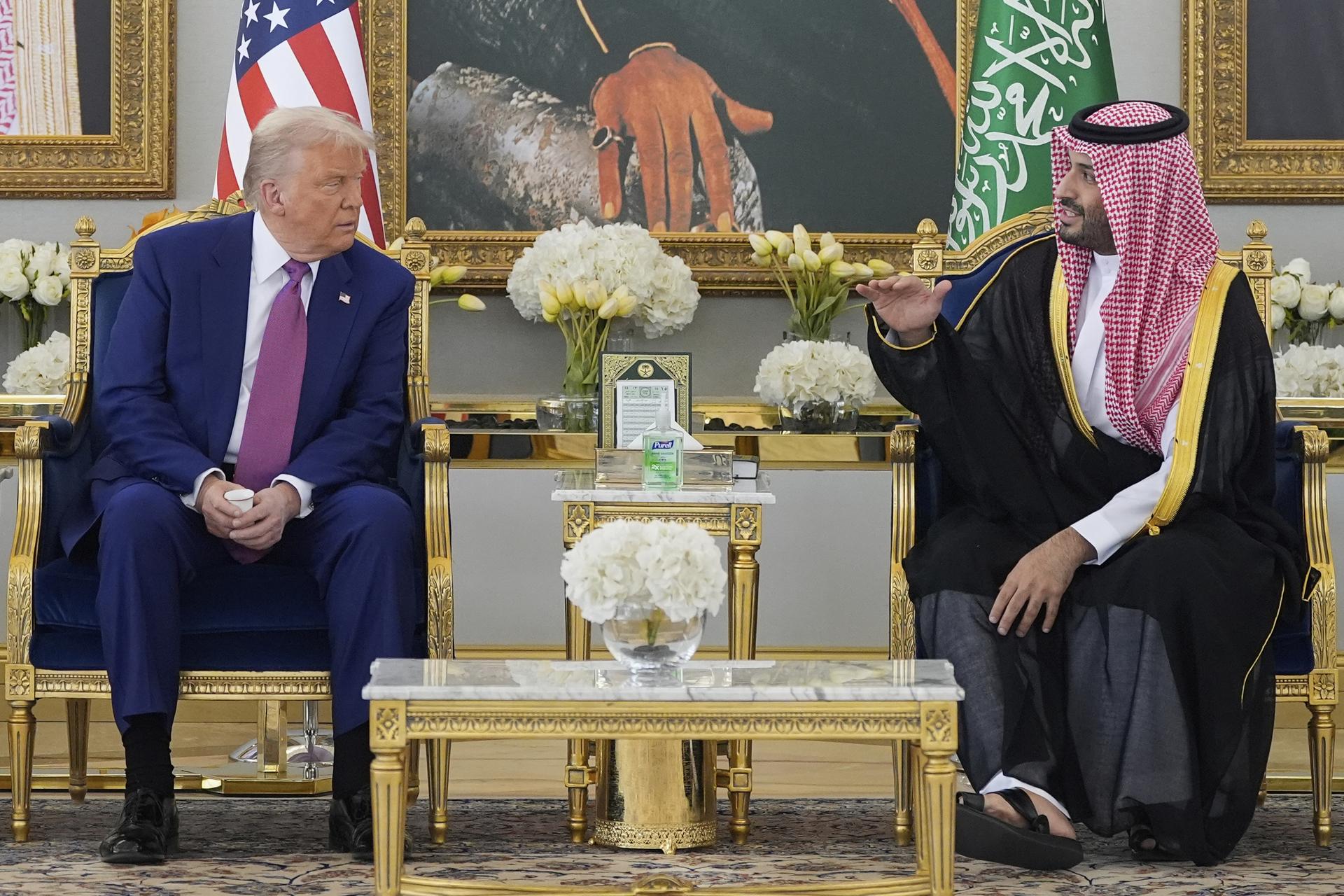 President Donald Trump and Saudi Crown Prince Mohammed bin Salman speak during a coffee ceremony at the Royal Terminal of King Khalid International Airport in Riyadh, Saudi Arabia, Tuesday. 