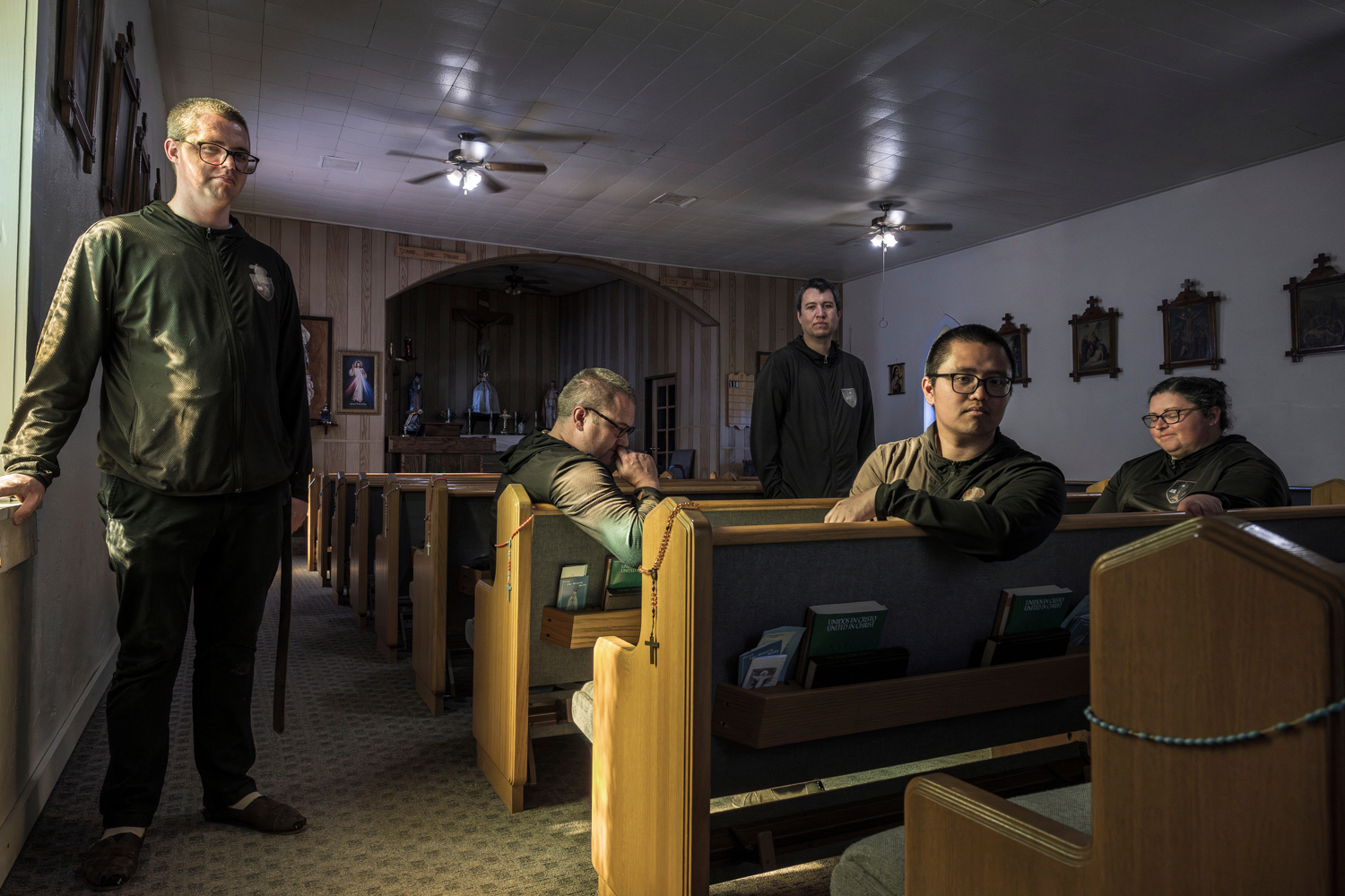League of the Blessed Sacrament members gather inside the San Rafael parish church in Concho, Ariz., Saturday, June 21, 2025. (AP Photo/Roberto E. Rosales)