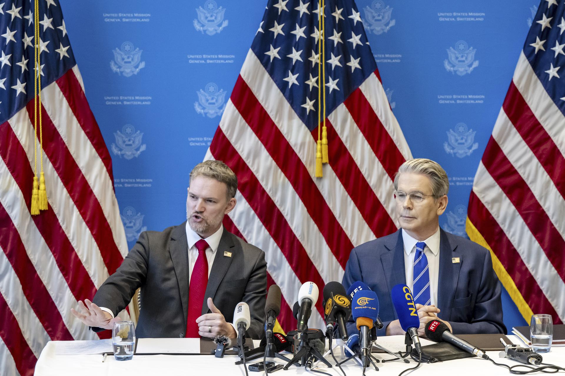 U.S. Trade Representative Jamieson Greer and U.S. Secretary of the Treasury Scott Bessent in Geneva, Monday.