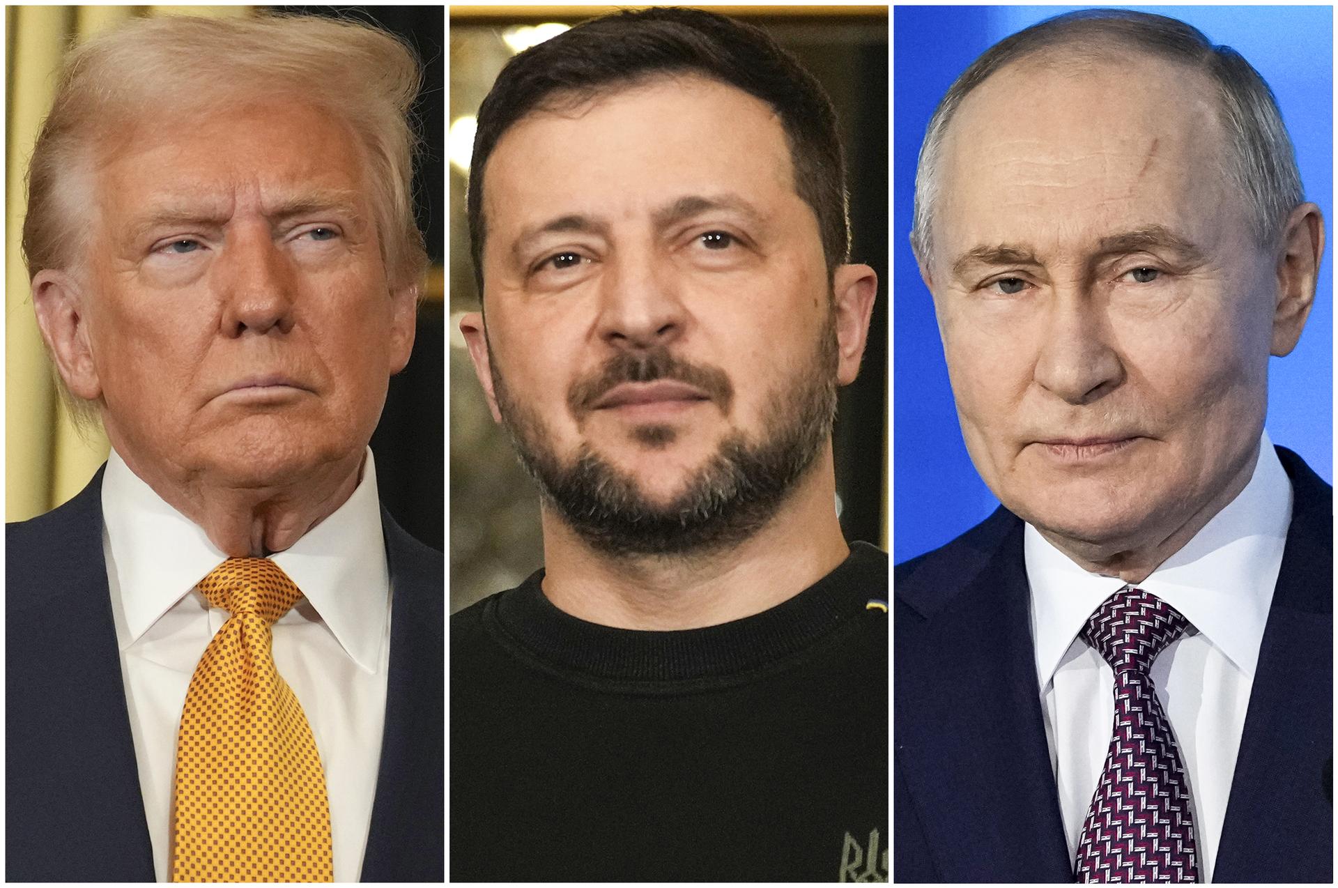 U.S. President Donald Trump, left, and Ukrainian President Volodymyr Zelenskyy, center, are seen at the Elysee Palace, Dec. 7, 2024 in Paris, and President Vladimir Putin, right, addresses a Technology Forum in Moscow on Feb. 21, 2025. (AP Photo/Aurelien Morissard and Pavel Bednyakov)