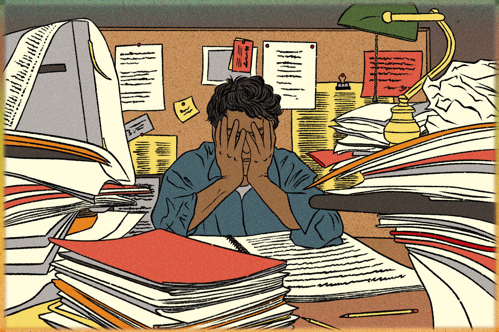 AP illustration of a person surrounded by office clutter.