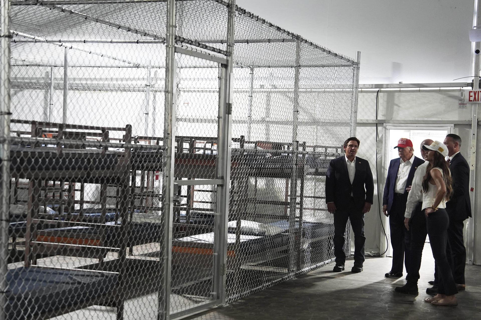 President Donald Trump, Gov. Ron DeSantis, and Homeland Security Secretary Kristi Noem tour Alligator Alcatraz, a new migrant detention facility at Dade-Collier Training and Transition facility, July 1, in Ochopee, Fla.