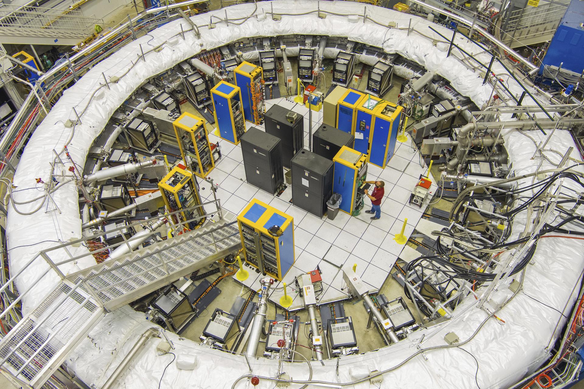 The ring-shaped track that scientists used to study tiny particles called muons, in 2023 in Batavia, Ill.