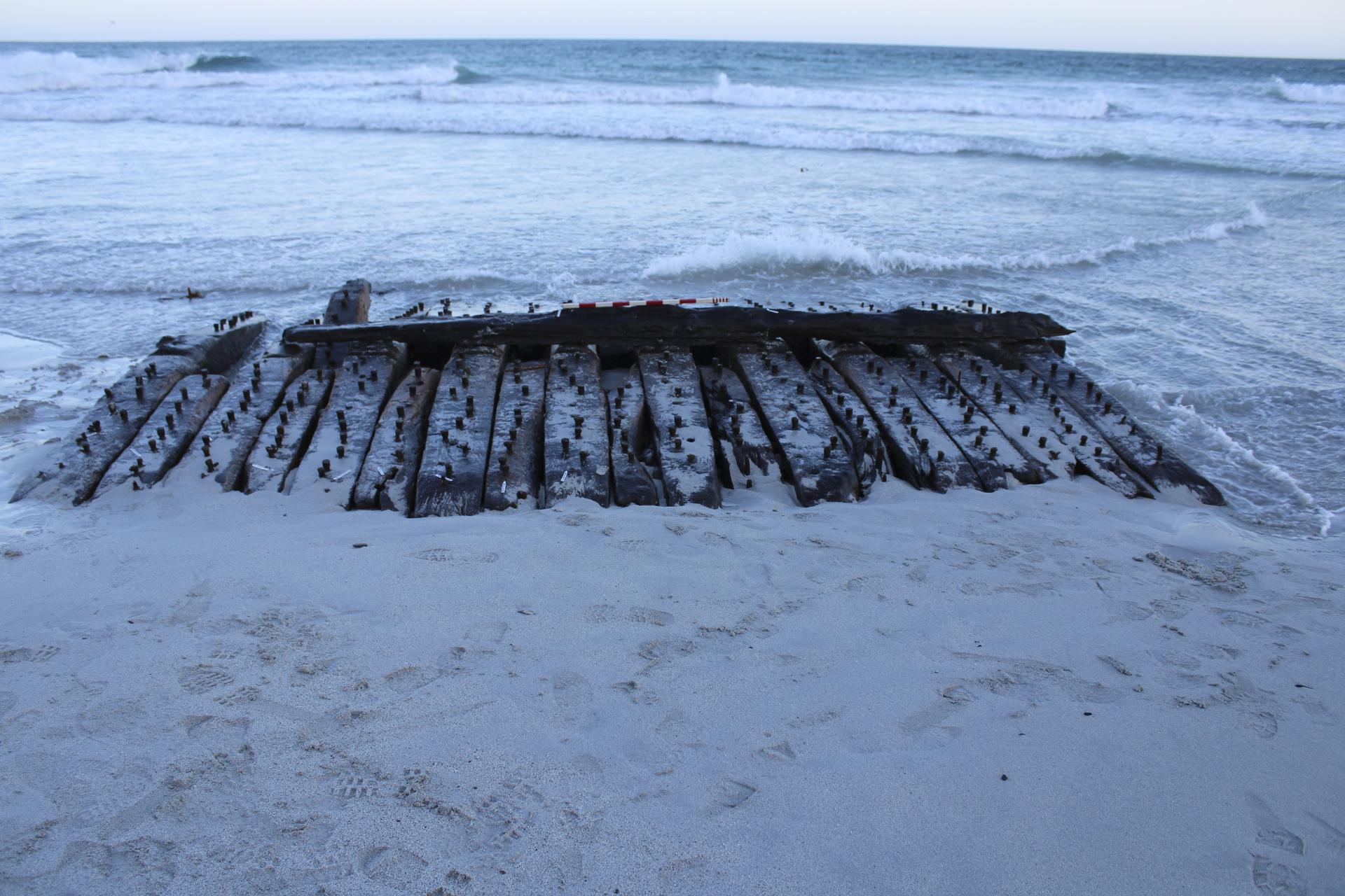 The Sanday Wreck is seen on the shores of Sanday on Orkney, in 2024. 