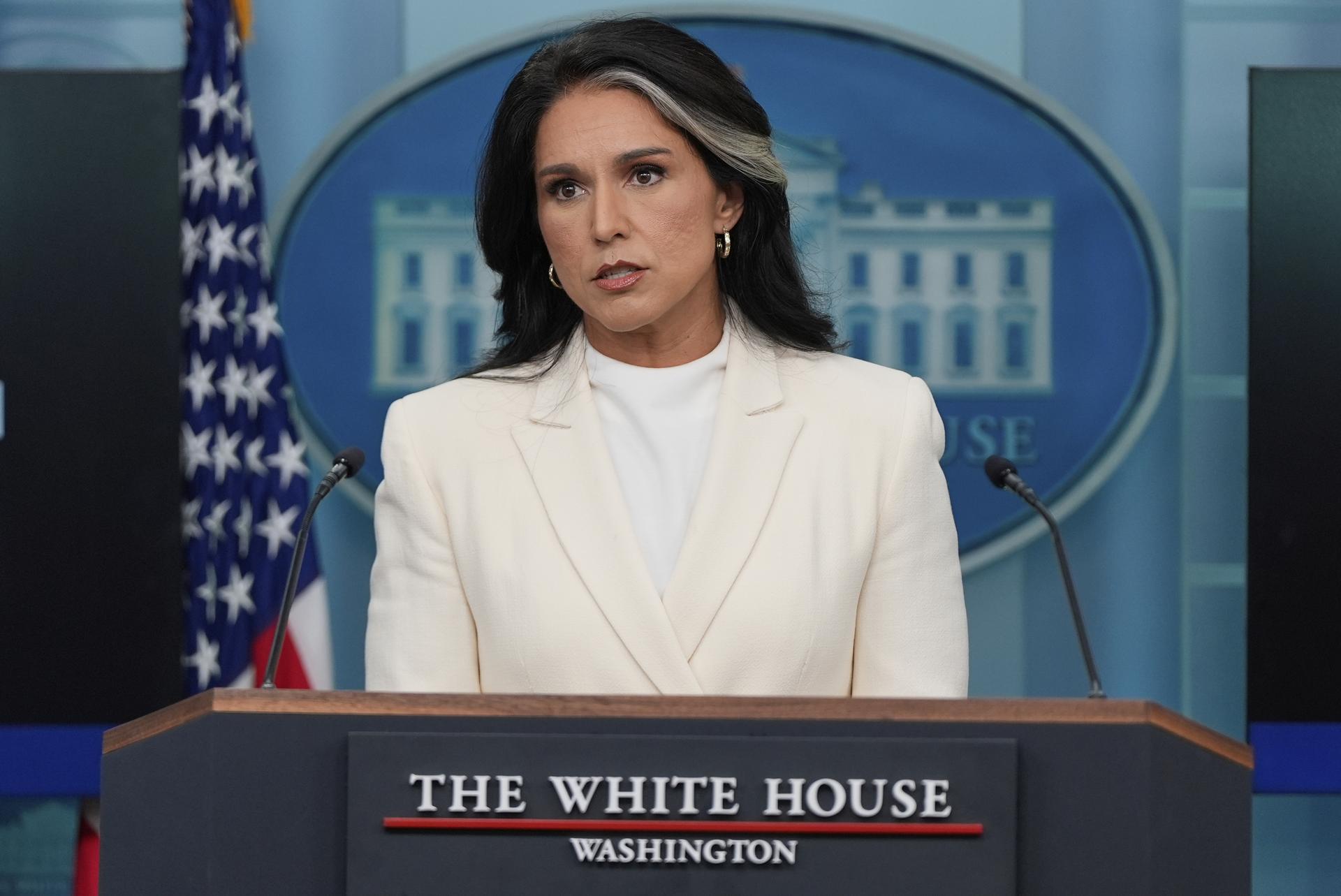Director of National Intelligence Tulsi Gabbard speaks with reporters at the White House in July. 