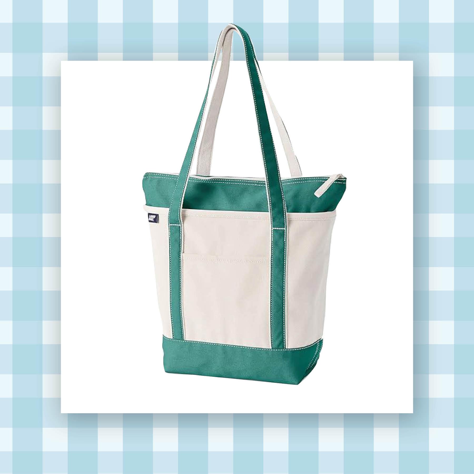 white canvas tote with green trim