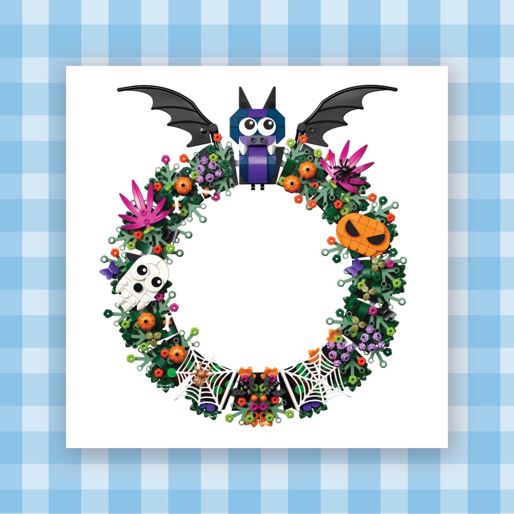 lego halloween wreath with bat, jackolantern, ghost