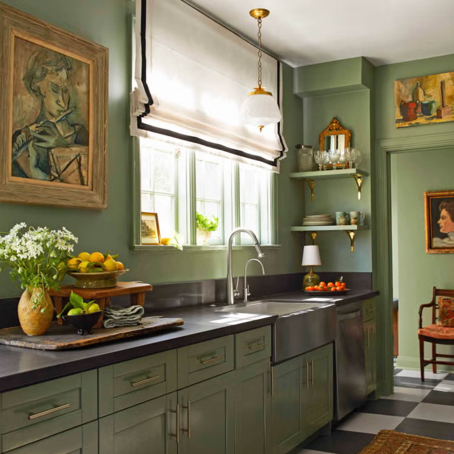 kitchen painted a muted green