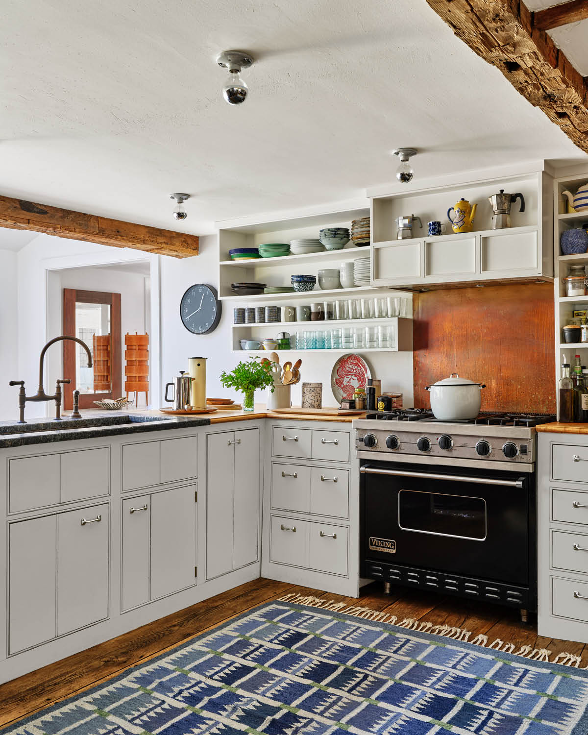 white farm kitchen with nickel hardware