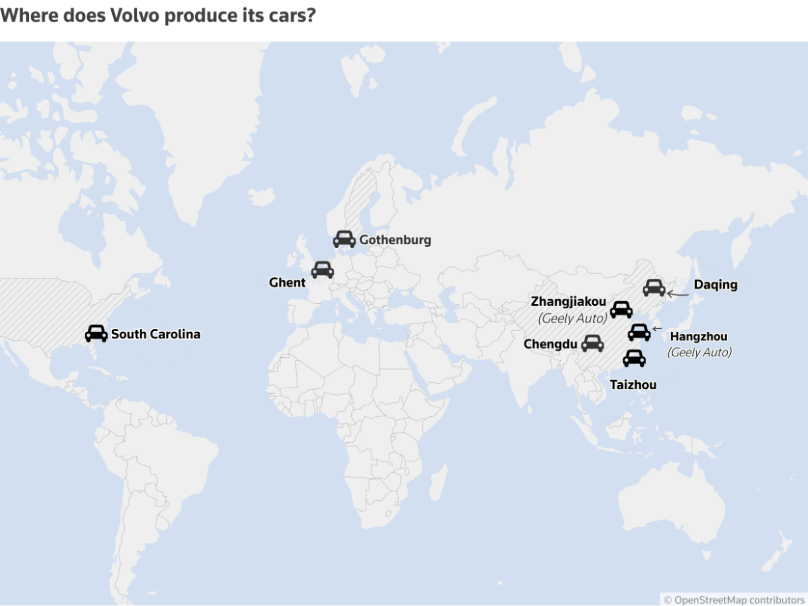 Map where Volvo produces cars globally.