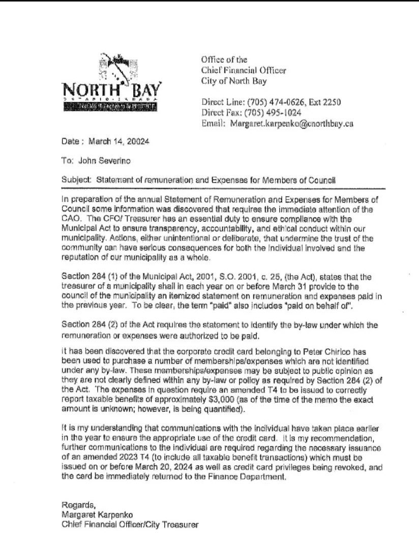 A letter from the city's treasurer.