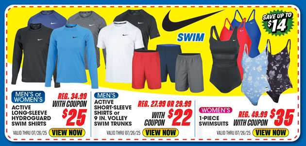 Nike Men's or Women's Active Long-Sleeve Shirt, Men's Active Short-Sleeve Shirt or Swim Trunks or Swim Women's 1-Piece Swinsuits