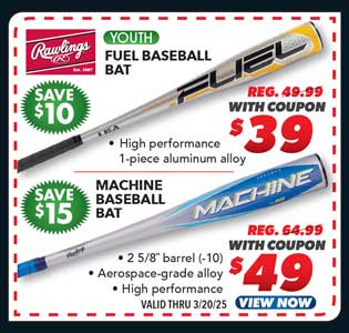 Rawlings Fuel (-9) or Machine USA (-10) Youth Baseball Bat 