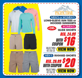 Pacific Trail Men's or Women's Long-Sleeve Sun Tee or Hooded Sunshirt or Men's Rugged Shorts