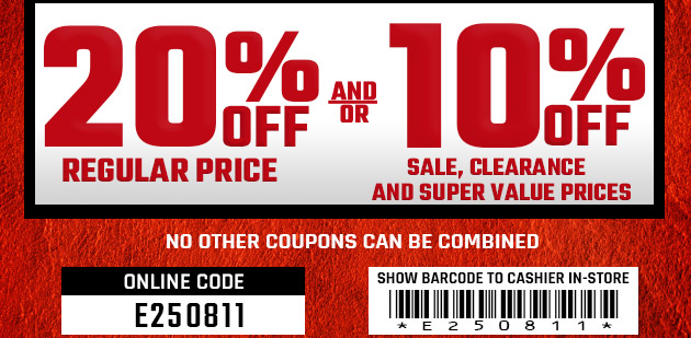 20% Off and or 10% Off. Exclusions apply. Use code E250811