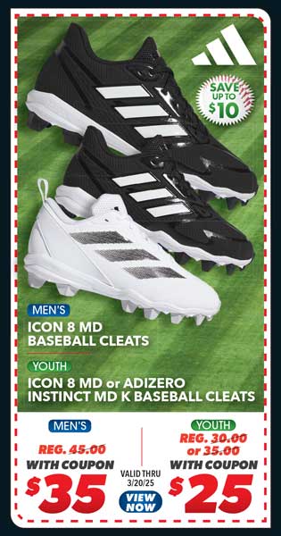adidas PureHustle 3 MD Youth Softball Cleats, Adizero Instinct MD K Youth Baseball Cleats, Icon 8 MD Men's Baseball Cleats or Icon 8 MD Youth Baseball Cleats