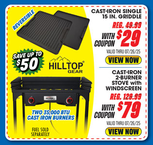 Hilltop Gear Cast-Iron 2-Burner Stove with Windscreen or Cast-Iron Single 15 Griddle