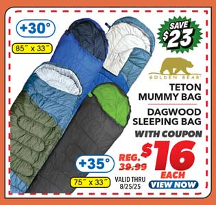 Golden Bear Teton +30° Mummy Bag or Dagwood Sleeping Bag