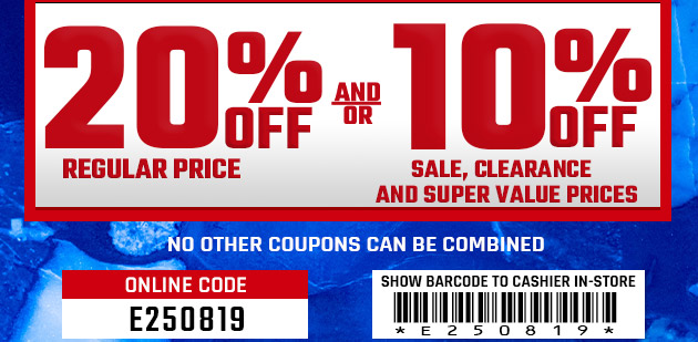 Up to 20% Off. Exclusions apply. Use code E250819