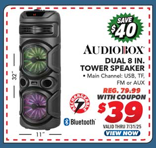 Audiobox Dual 8 Woofer Rechargeable Tower Speaker with Wheels