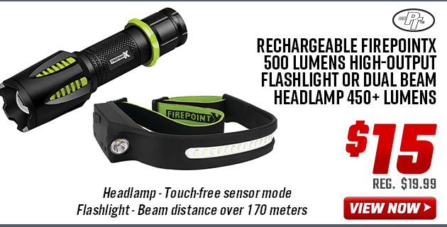 PT Power Rechargeable FirepointX 500 Lumens High-Output Flashlight or Dual Beam Headlamp 450+ Lumens