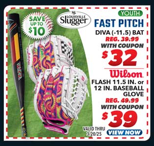 Louisville Slugger Diva Fastpitch Bat (-11.5), Wilson Flash 12'' Youth Fastpitch Glove or Wilson Flash 12'' Youth Fastpitch Glove