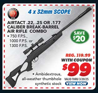 Hatsan AirTact .22, .25 or .177 Caliber Break-Barrel Air Rifle Combo