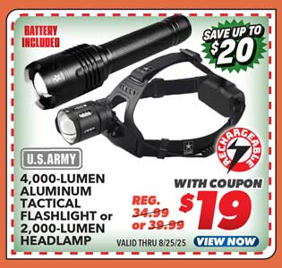 U.S. Army 4000 Lumen Aluminum Tactical Flashlight or 2000 Lumen Rechargeable Headlamp