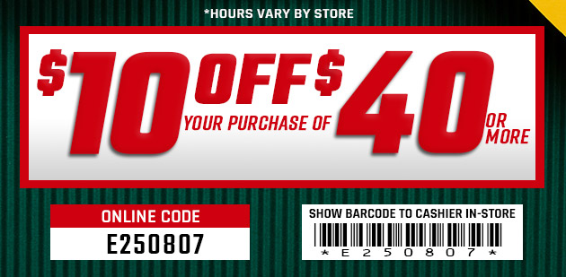 $10 Off $40. Exclusions apply. Use code E250807