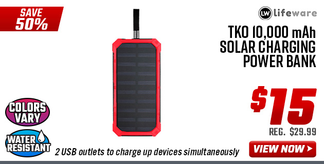 Lifeware TKO 10,000 mAh Solar Charging Power Bank