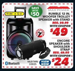 Max Power Rumble 12'' Woofer Bluetooth Trolley Speaker with Stand or Encore Bluetooth Speaker with Shoulder Strap